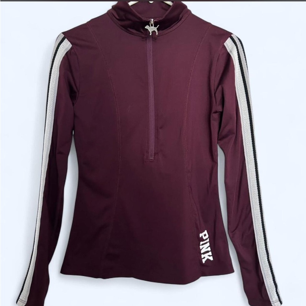 PINK Victoria's Secret Burgundy Half-Zip Sweatshirt with White Stripes